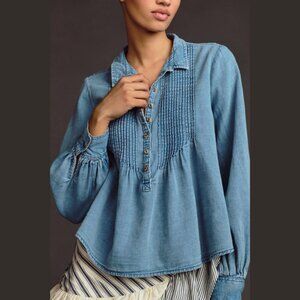 Anthropologie Pilcro Denim Pintuck Button-Front Blouse